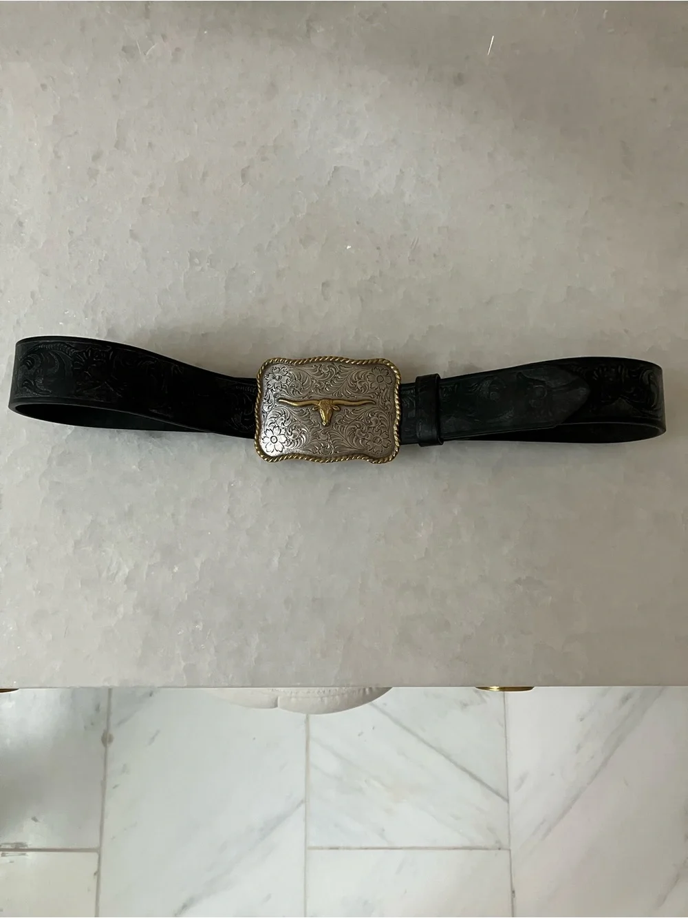 Western Tooled Leather Belt with Silver-Tone Longhorn Buckle - Black